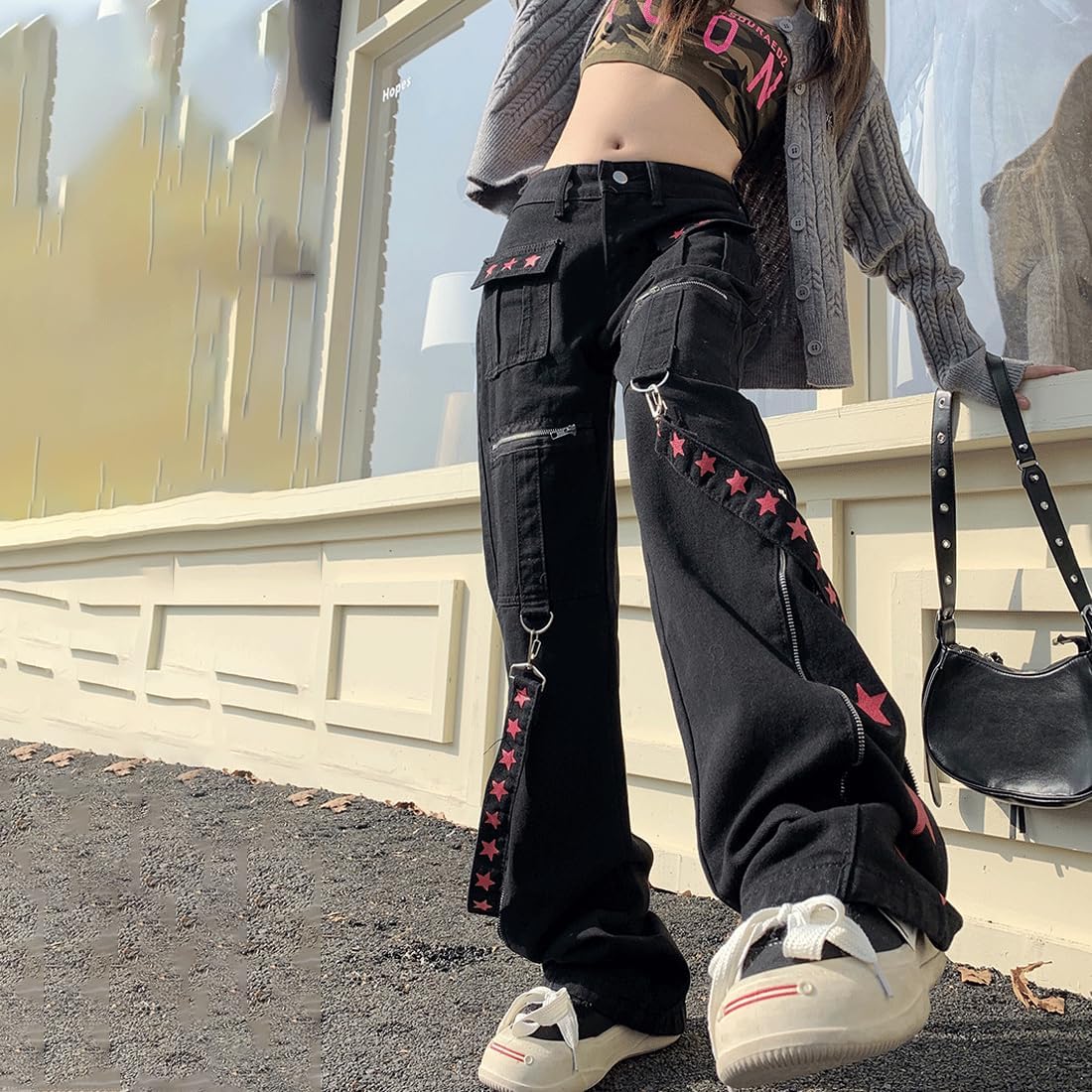 Y2K Grunge Goth Vintage Casual High Waist Straight Wide Leg Zipper Red Star Straps Trim Jeans Cargo Pants - Image 5