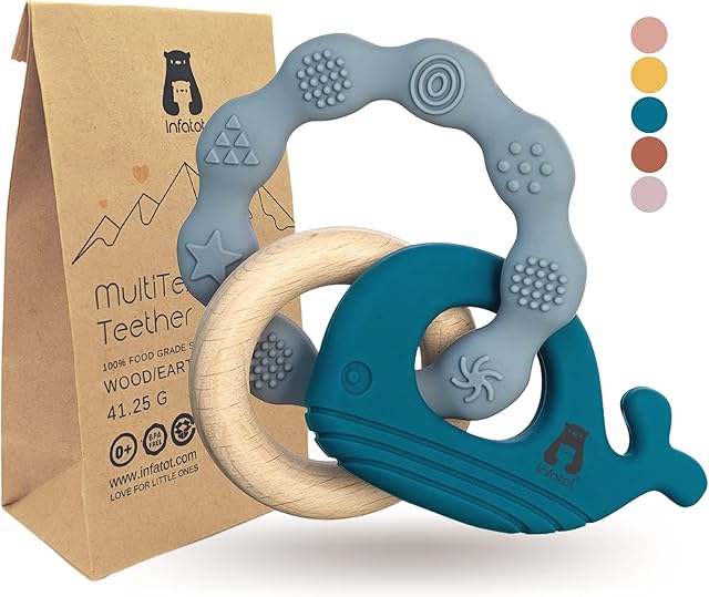 Infatot® MultiTexture Teething Toys for Baby, BPA Free Silicone Easy to Hold Toy with Wooden Teether. Animal Teethers for Newborn & Babies 3 4 6 12 Months Boy & Girl Teether Infant & Shower Gifts. B