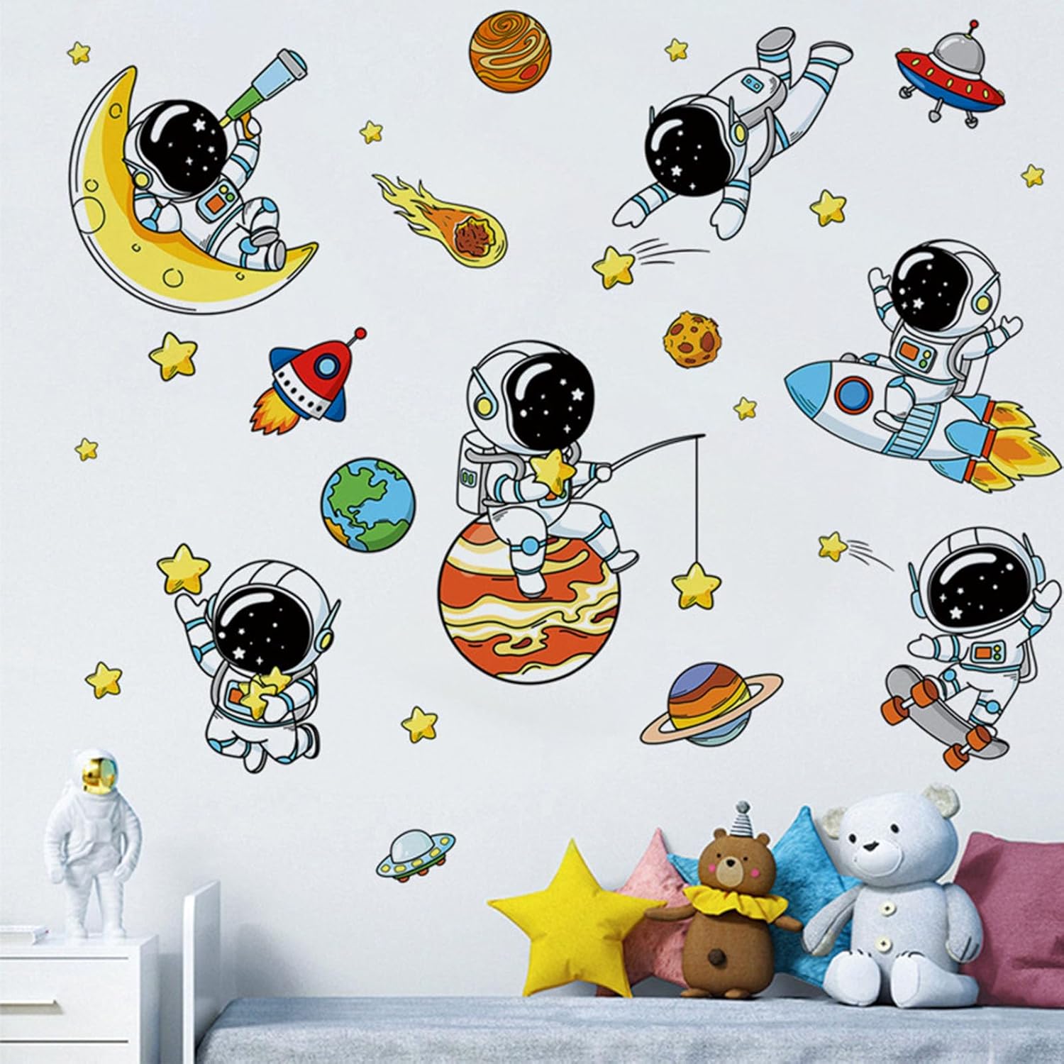 Arawat Astronaut Wall Stickers Space Decor Murals & Decals Space Theme Bedroom Classroom Playroom Decor Outer Spaces Room Decor Spaces Wallpaper Planet Wall Decals for Boys Girls Room