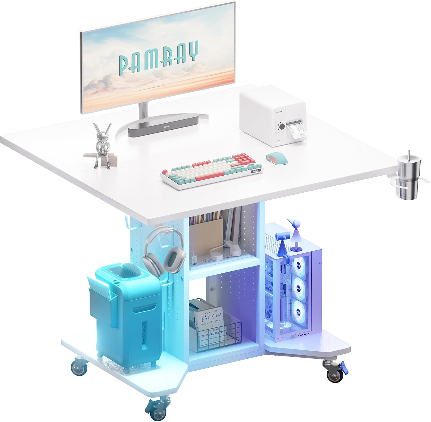 Pamray Small Rolling Gaming Desk with Led Lights Power Outlets and Storage Pegboard, Small Spaces Compact PC Computer Table White