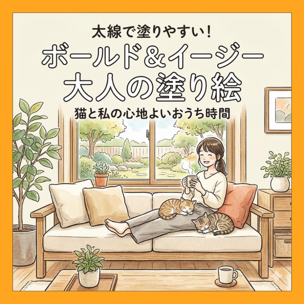 太線で塗りやすい！ボールド＆イージー 大人の塗り絵 猫と私の心地よいおうち時間: ジャパンディスタイルの部屋で過ごすほっこり癒やしの日常風景 | ストレス解消・初心者・シニアにもおすすめのシンプルラインアート