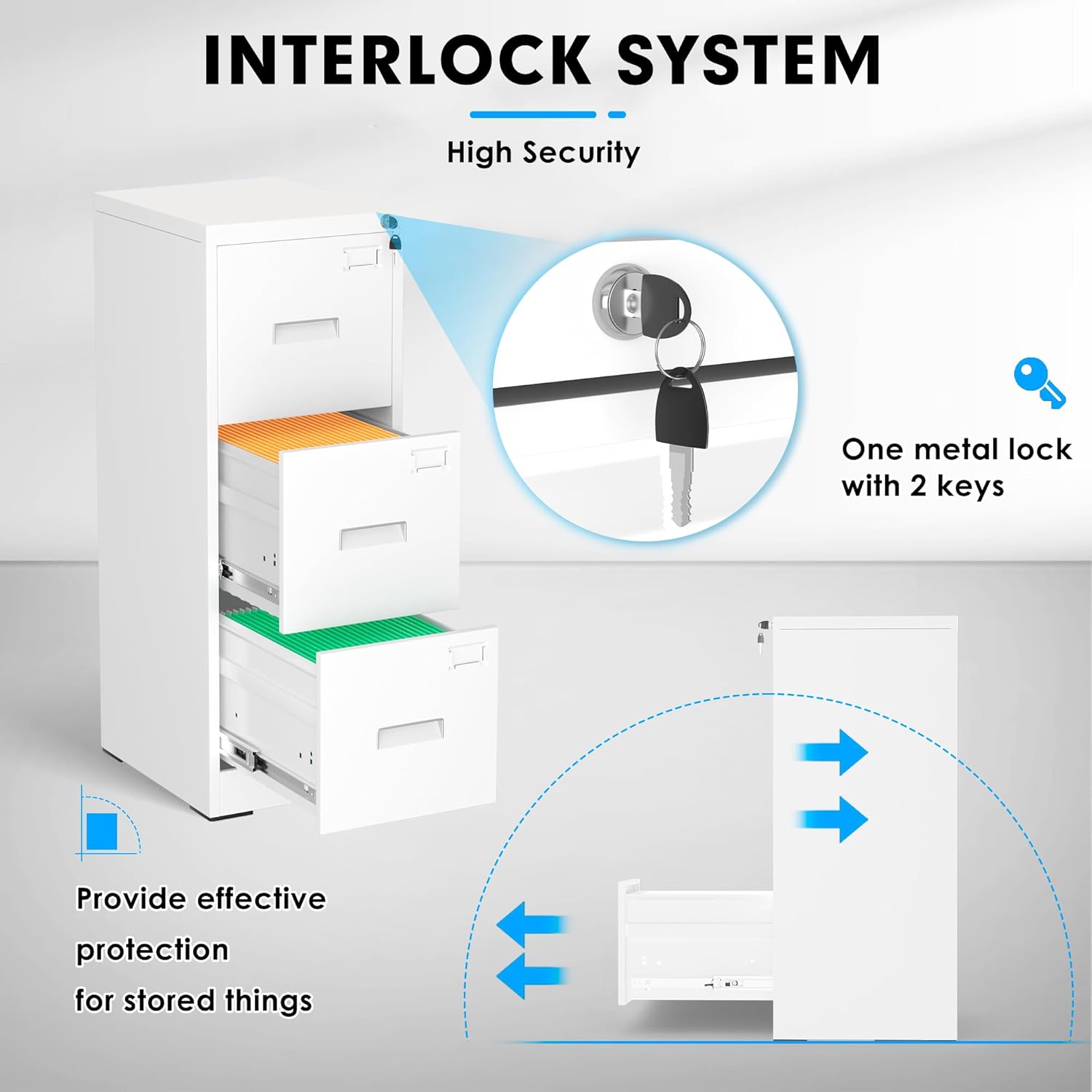 Pataku 3 Drawer File Cabinet with Lock, 18" D Locking File Cabinets, Black Vertical Filing Cabinet for Home Office, Metal Filing Cabinets for Home Office, Easy Assemble (White)