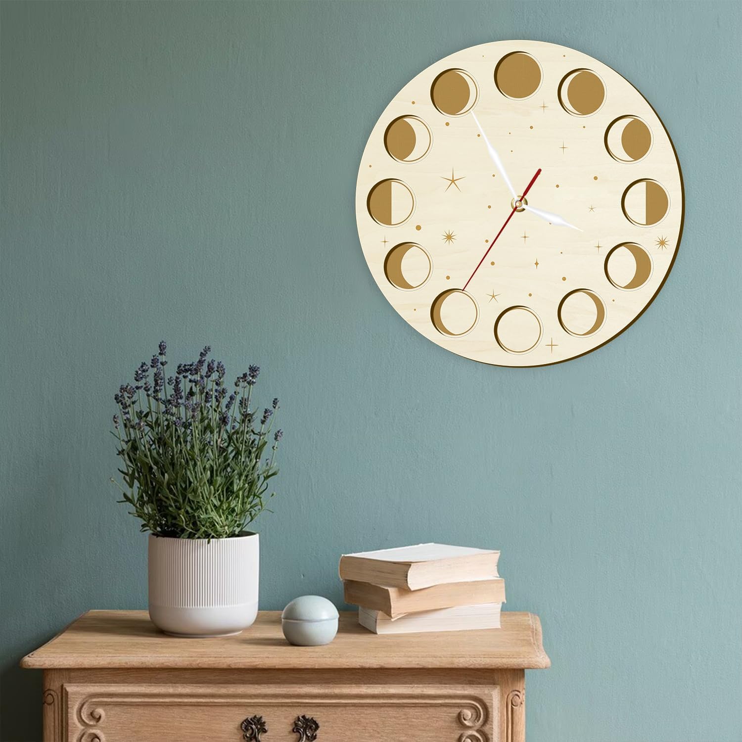 15 Inch Stars and Moon Wall Clock, Moon Phases Wooden Round Wall Clock Modern Silent Quartz Non Ticking Battery Operated Eclipse Celestial Lunar Clock Wall Watch for Bedroom Living Room