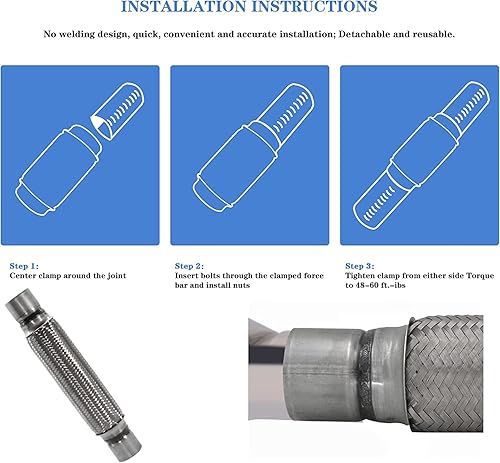 Miniatura 6 de RP Remarkable Power, RK7543 Tubo flexible de escape de 2.25 x 12 pulgadas, acero inoxidable resistente, 16 pulgadas, OL, paquete de 2