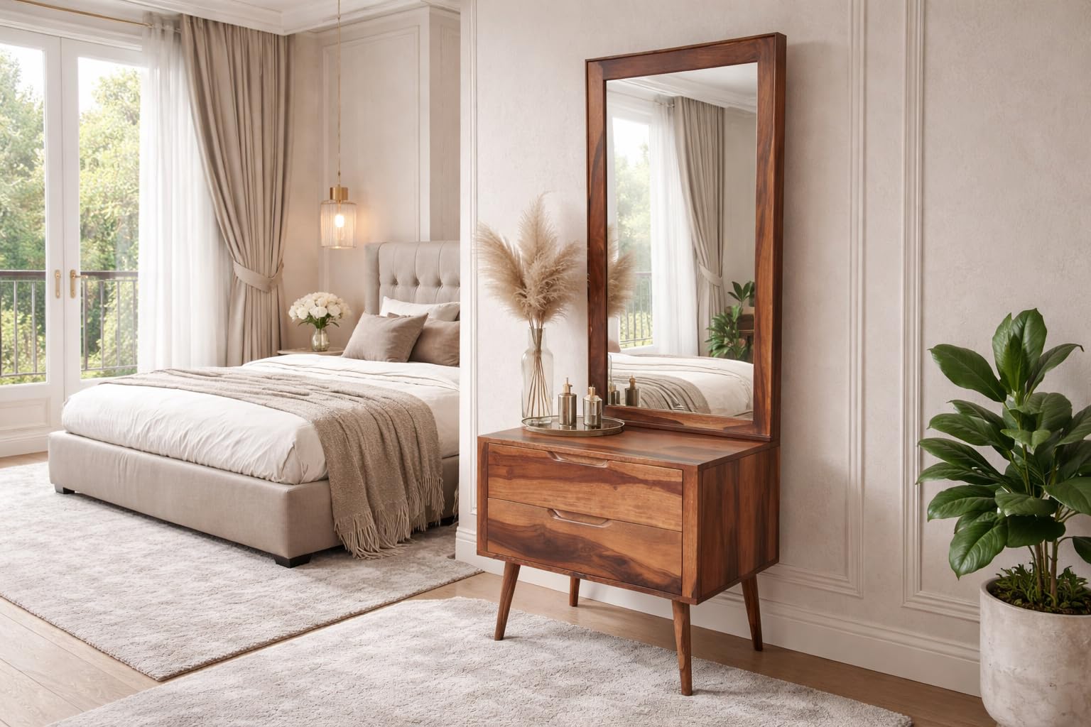 Solid Wood Dressing Table with Full Length Mirror, 71x28x18 inches, 2 Drawers, Teak Finish-image-44