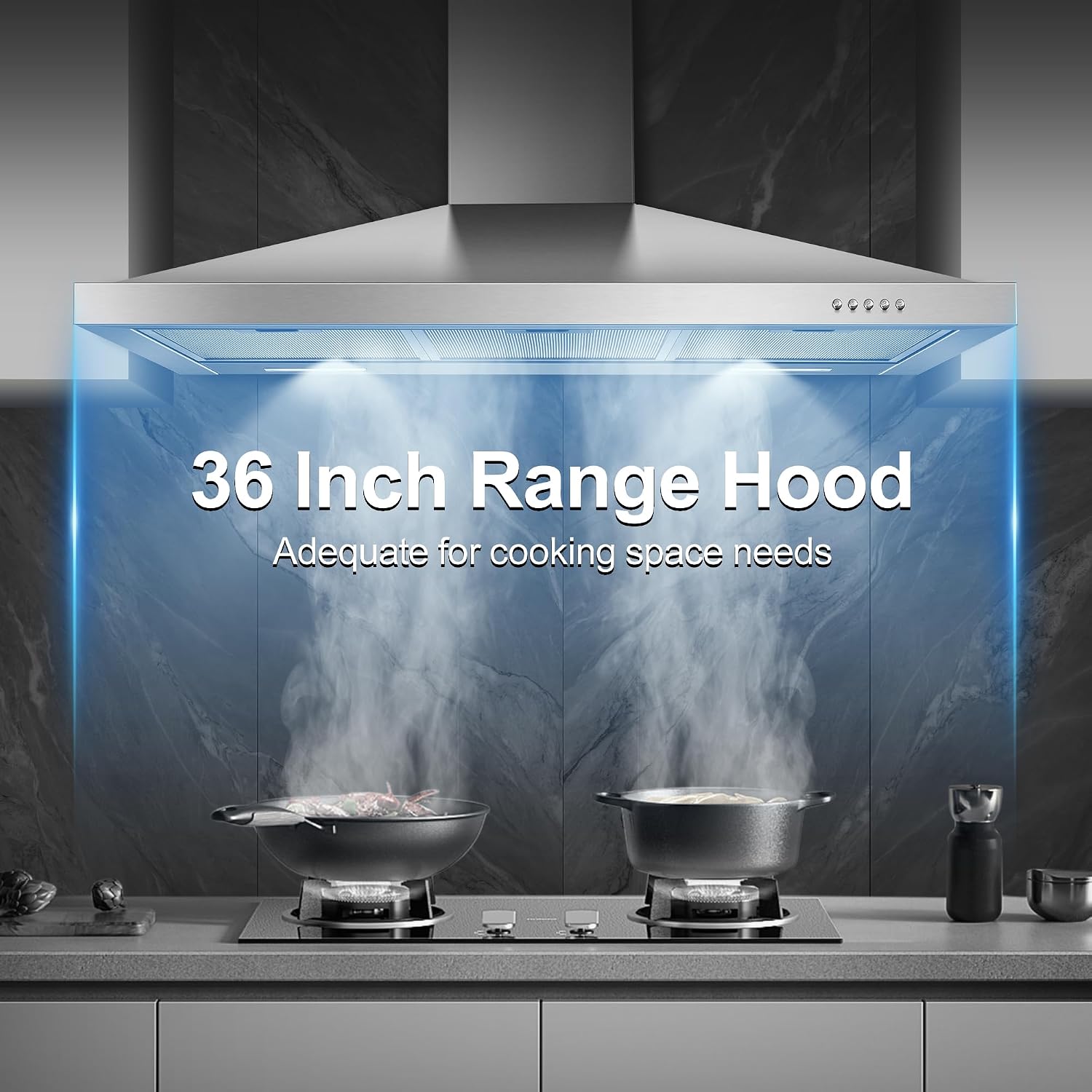 Tiesay Wall Mount Range Hood 36 inch with Ducted/Ductless Convertible Duct, Kitchen Hood Stainless Steel Chimney-Style Over Stove Vent Hood with LED Light, 3 Speed Exhaust Fan, 450 CFM