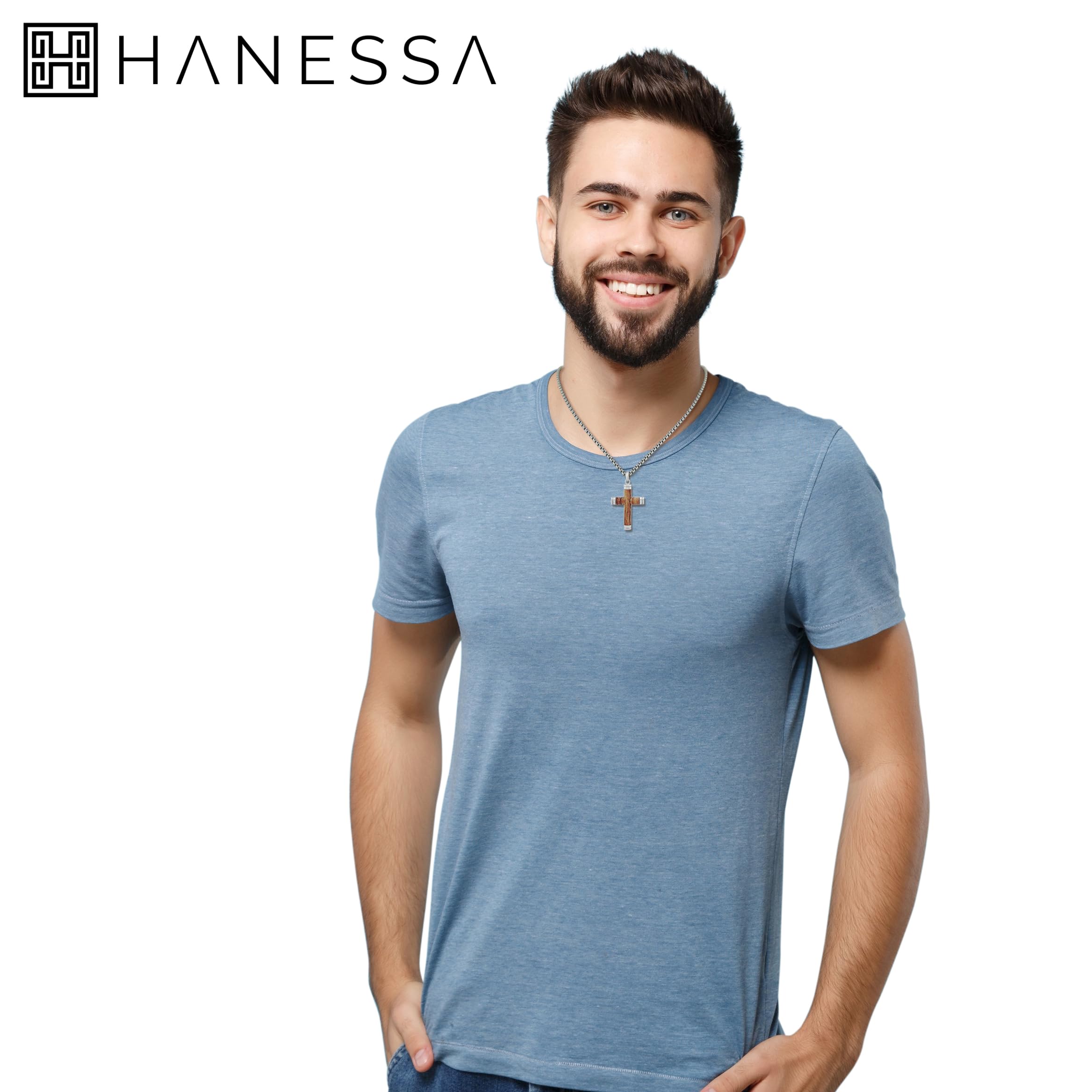 Personalisierte Kette mit Gravur Edelstahl 60 cm mit Anhänger Kreuz Holz - Personalisierte Halskette für Männer und Frauen - Personalisierter Schmuck Damen Herren