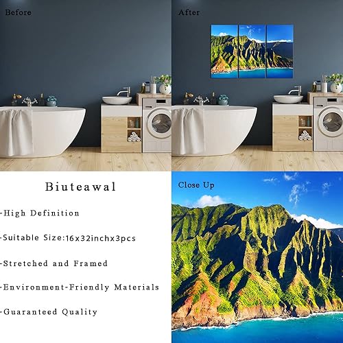 Miniatura 6 de Biuteawal Lienzo grande de 3 paneles Hawaii, arte de pared de la costa de Na Pali Kauai, impresiones en lienzo verde y azul, naturaleza, isla