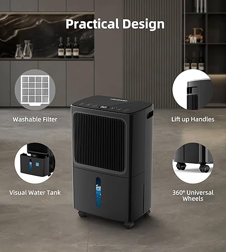 Miniatura 5 de Deshumidificadores VEAGASO de 2500 pies cuadrados para el hogar con manguera de drenaje máximo 34 pintas, deshumidificador VEAGASO para sótano,