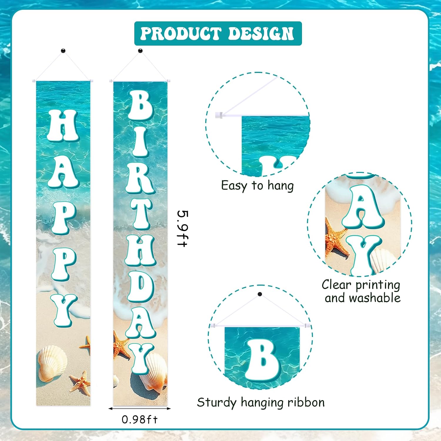 Ocean Happy Birthday Door Decorations, Blue Coastal Beach Porch Signs Nautical Seashell Starfish Door Hanging Banners, Sea Party Supplies Photography Background image 3