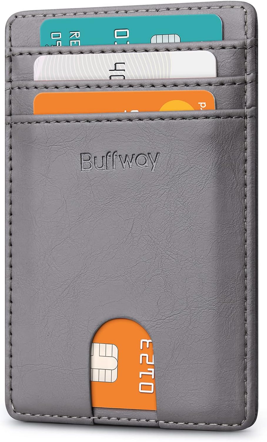 Buffway Mens Slim Wallet, Minimalist Thin Front Pocket Leather Credit Card Holder with RFID Blocking for Work Travel, Seattle Grey, Minimalist