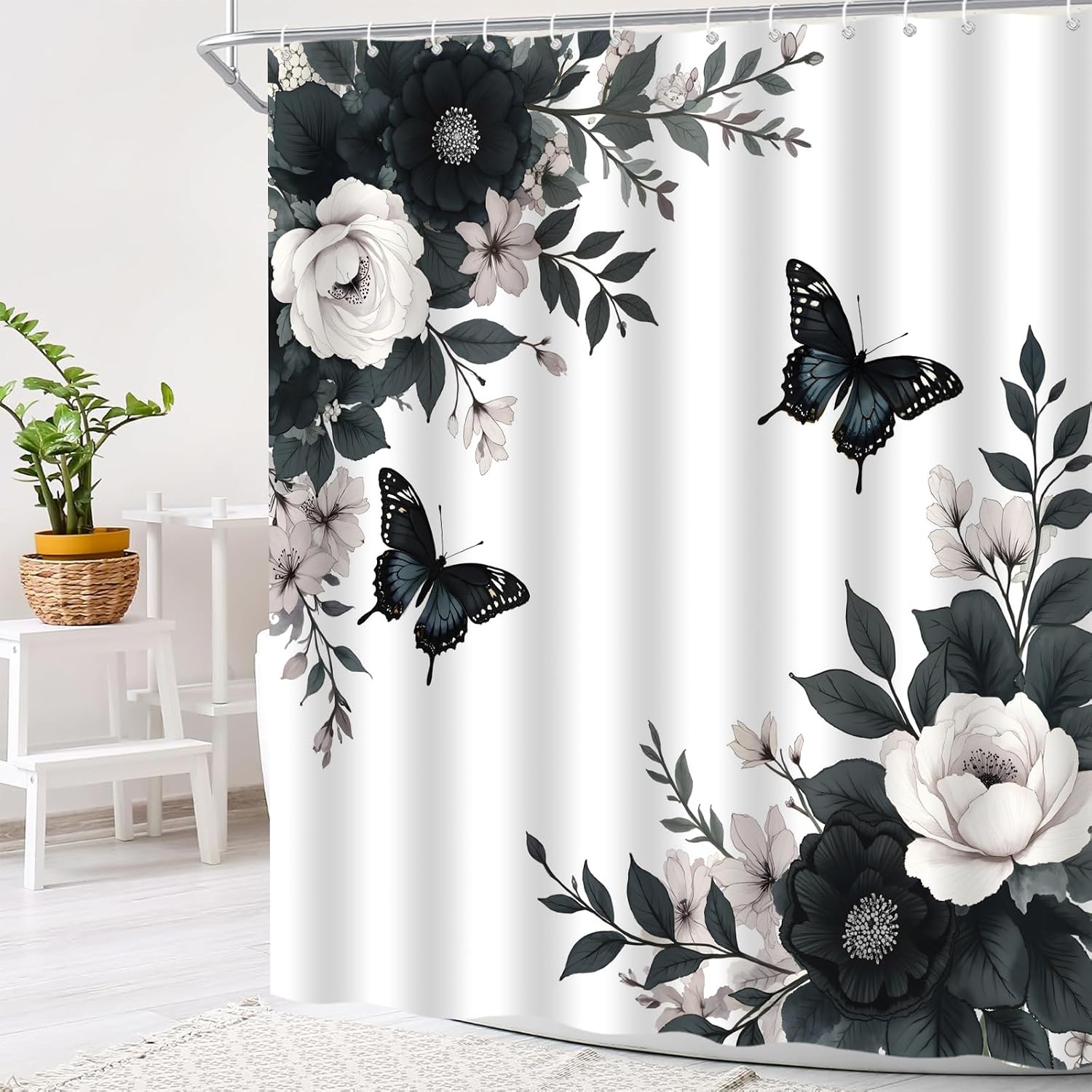 Black Grey Floral Shower Curtain Rustic Dark Flower Butterfly Vintage Botanical Watercolor Leaves Plant Simple Nature Aesthetic Bath Decor Curtain with Hooks, 70x70 Inch
