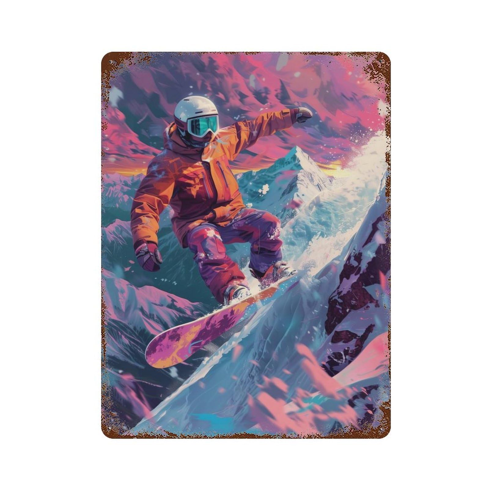 Photorealistic Snowboarder Aged Metal Wall Plaque 15.7"x11.8", Industrial Home Decor for Pub, Kitchen And Man Cave Decor