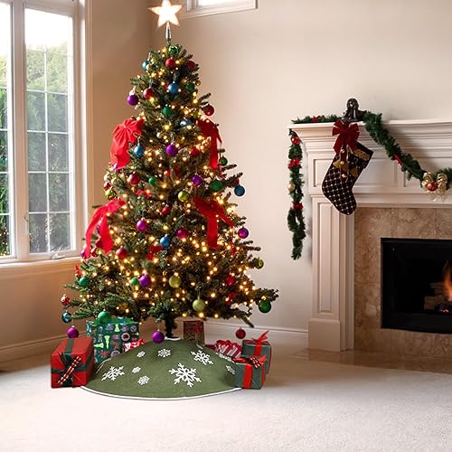 Miniatura 52 de MACTING Falda de árbol pequeño de Navidad, falda de árbol de arpillera roja de 23 pulgadas con copo de nieve blanco impreso para vacaciones, hogar