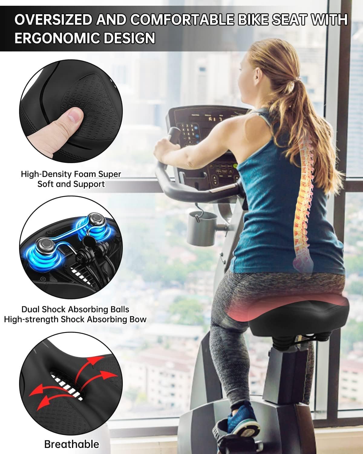 MSDADA Oversized Bike Seat, Comfortable Wide Bike Seat Cushion for Men Women, Excercise Bike Seat Replacement for Stationary/Exercise/Indoor/Outdoor/Mountain/Road Bikes
