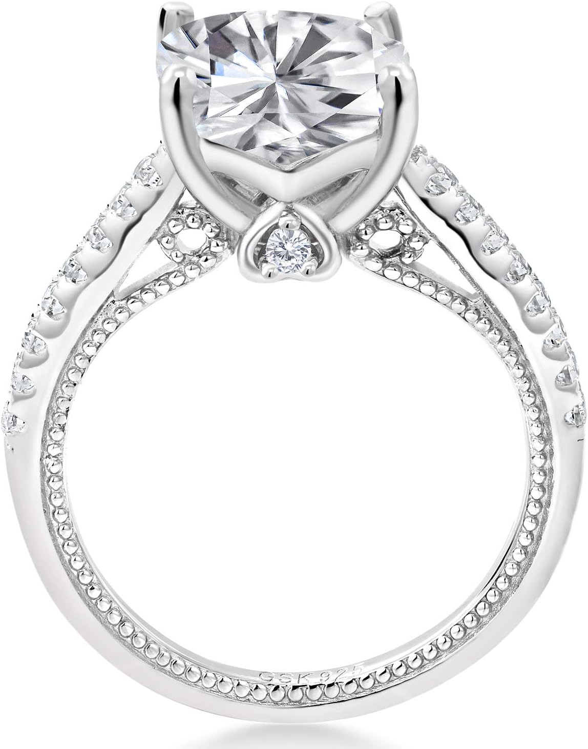 Gem Stone King 5.27 Cttw Moissanite and Created Sapphire Engagement Ring For Women In 925 Sterling Silver | Cushion 10MM