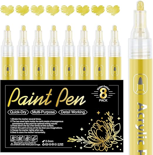 AKARUED Gold Paint Pen Paint Marker 8 Pack Acrylic Gold