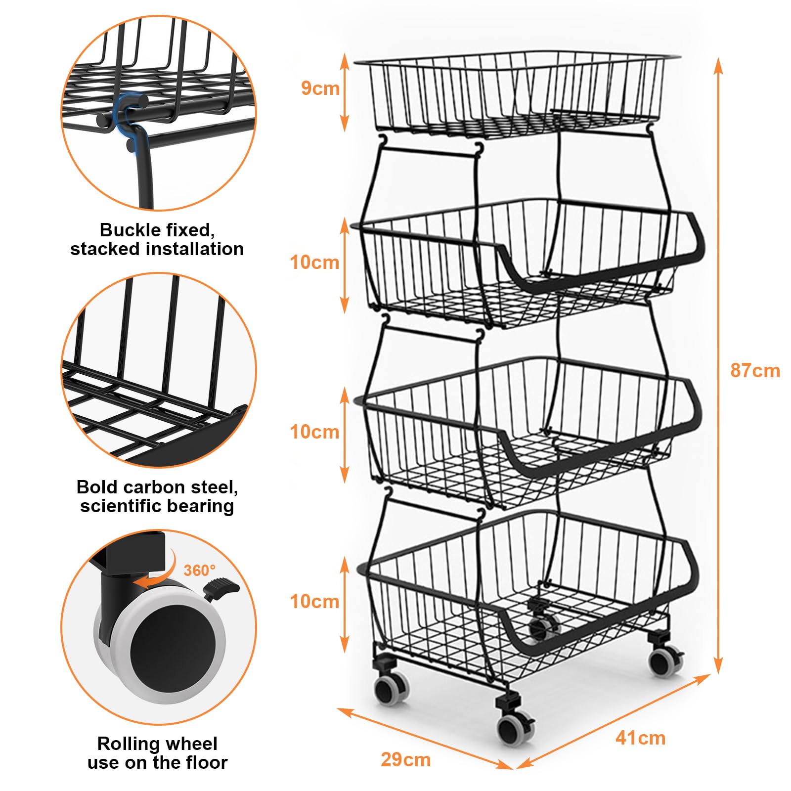 Carrello Portafrutta,Cestino per Frutta a 4 strati Cestino Cesti Impilabili su Ruote,cesto per frutta e verdura per Cucina, Dispensa, Ripostiglio, Bagno,verdura, articoli da toeletta