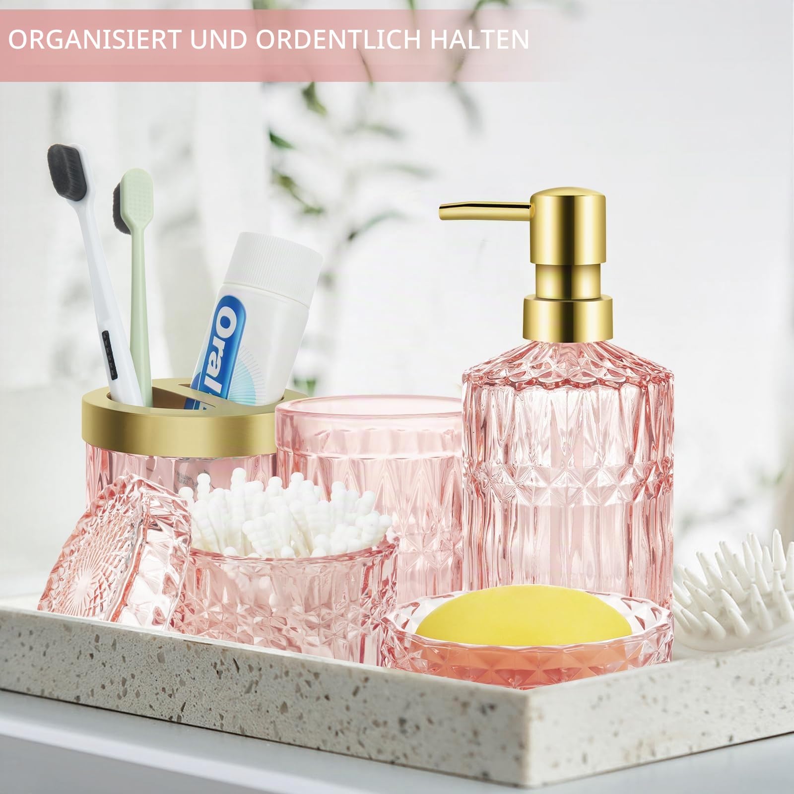 5 Stück Glas Badezimmer Zubehör Sets, Rosa Seifenspender Set mit Seifenspender, Seifenschale, Zahnbürstenhalter, Wattestäbchen Kanister, Becher, Badezimmer Deko Set, Badezimmer Organizer