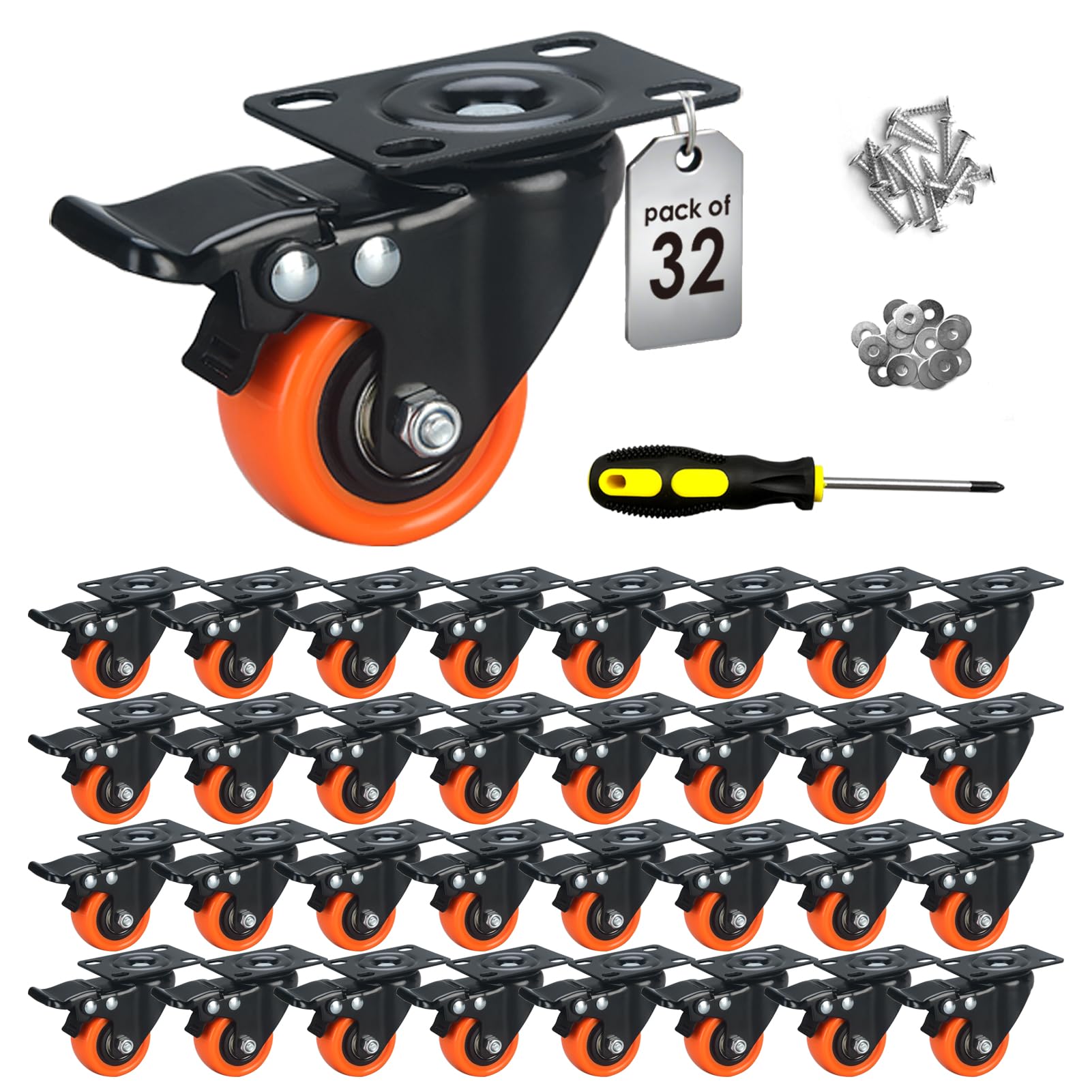 Set di 32 ruote girevoli da 5,1 cm, resistenti, con freno, senza blocco del rumore, con ruote in poliuretano arancione e piastre girevoli, confezione da 32