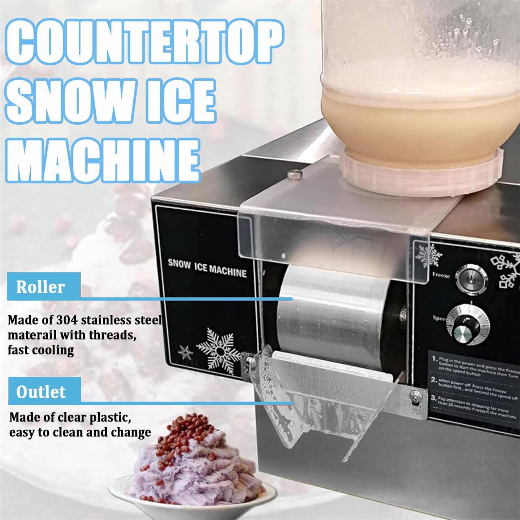 Máquina de cono de nieve comercial, trituradora de hielo eléctrica automática con velocidad ajustable, ideal para heladerías y heladerías, 1200 W de alta potencia