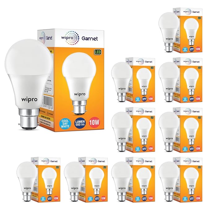 wipro Garnet 10W LED Bulb for Home & Office |Cool Day White (6500K) | B22 Base|220 degree Light coverage |4Kv Surge Protection |400V High Voltage Protection |Energy Efficient | Pack of 10