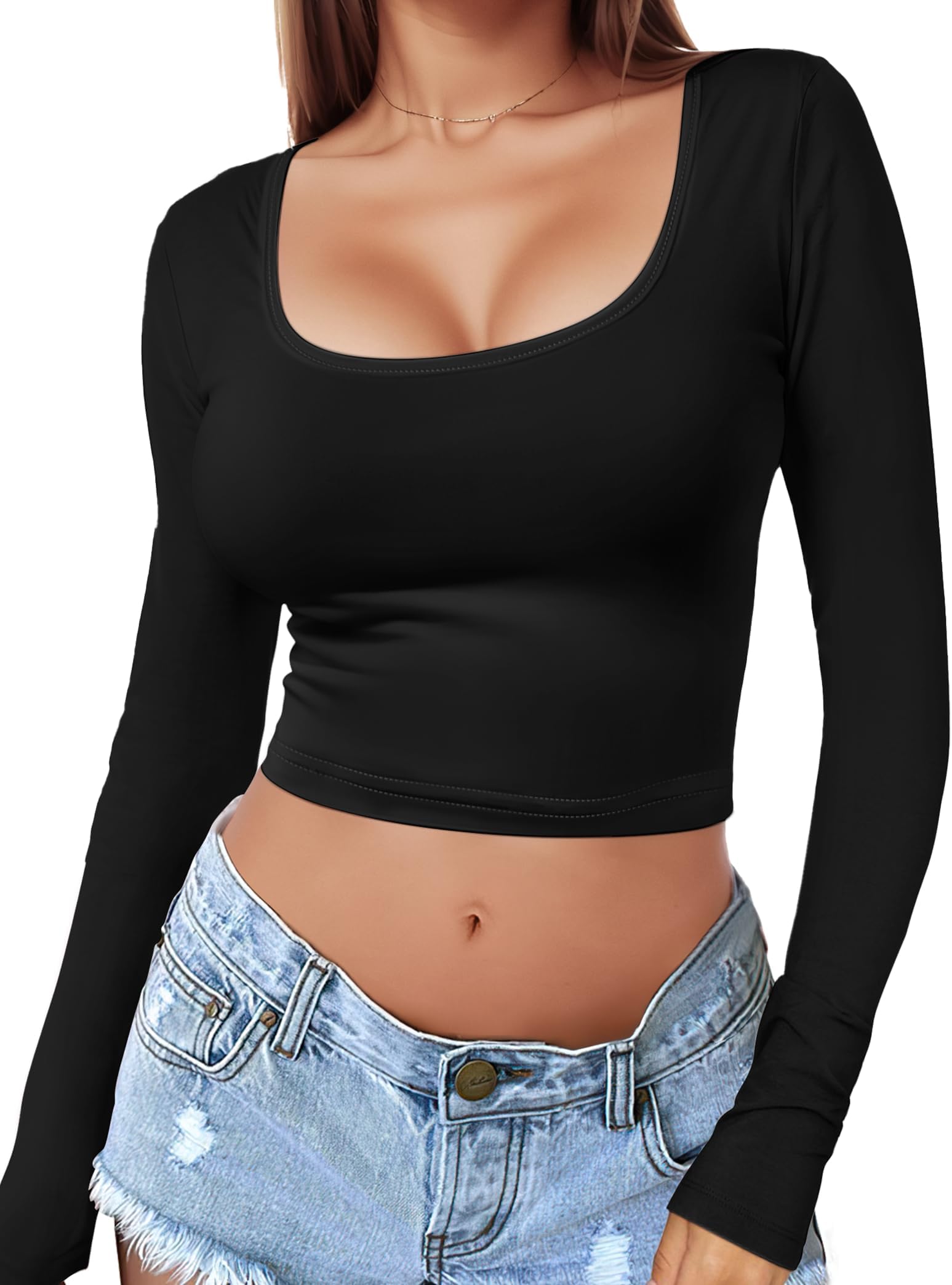 YOGINGOWomen's Square Neck Long Sleeve Crop Top Y2K Shirt Sexy Slim Fitted Casual Base Layer Soft Workout Shirt Going Out Tops