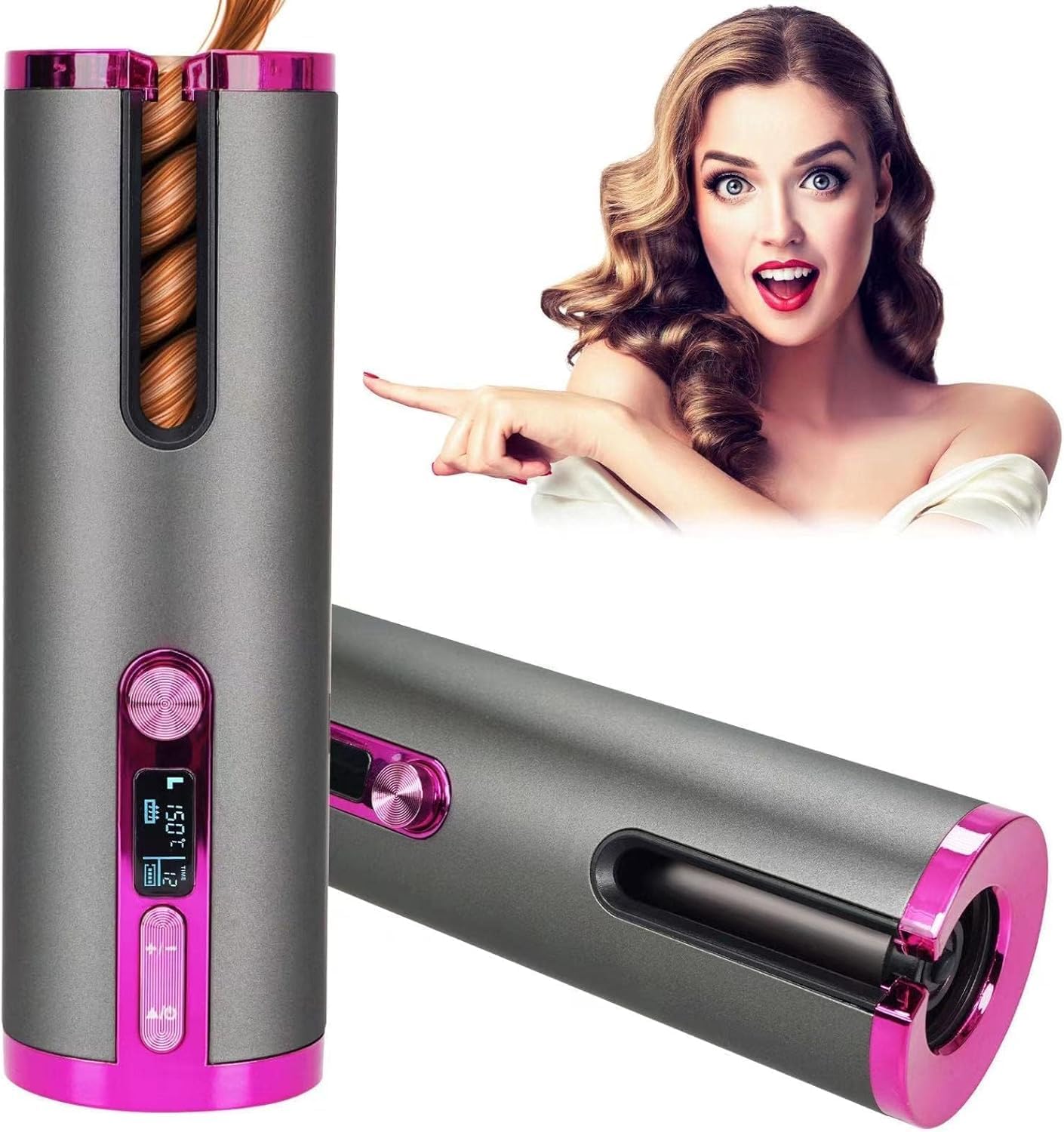 Hair Curler Cordless Curling Wand, USB Charging Automatic Hair Curlers with LCD Display, Portable Curling Iron for Long Hair, Adjustable 6 Temperature &Timer, Travel Home Hair Styling Appliances