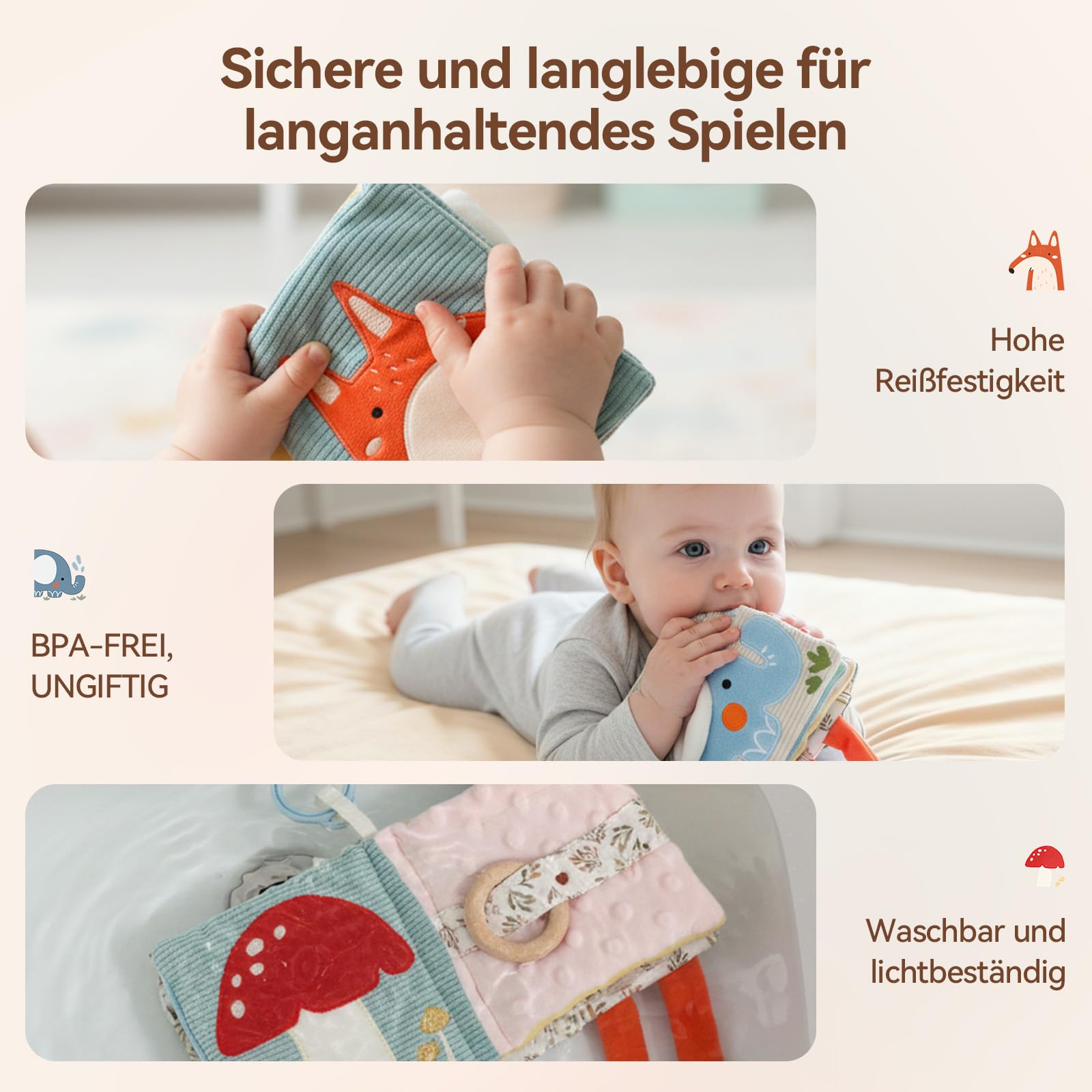 WOODEN TEETHER Livre de bébé en tissu avec miroir, jouet pour bébé de 0 à 6 mois - Livre sensoriel interactif - Livre d'or crépitant pour bébé - Cadeaux pour nouveau-né - Éléphants