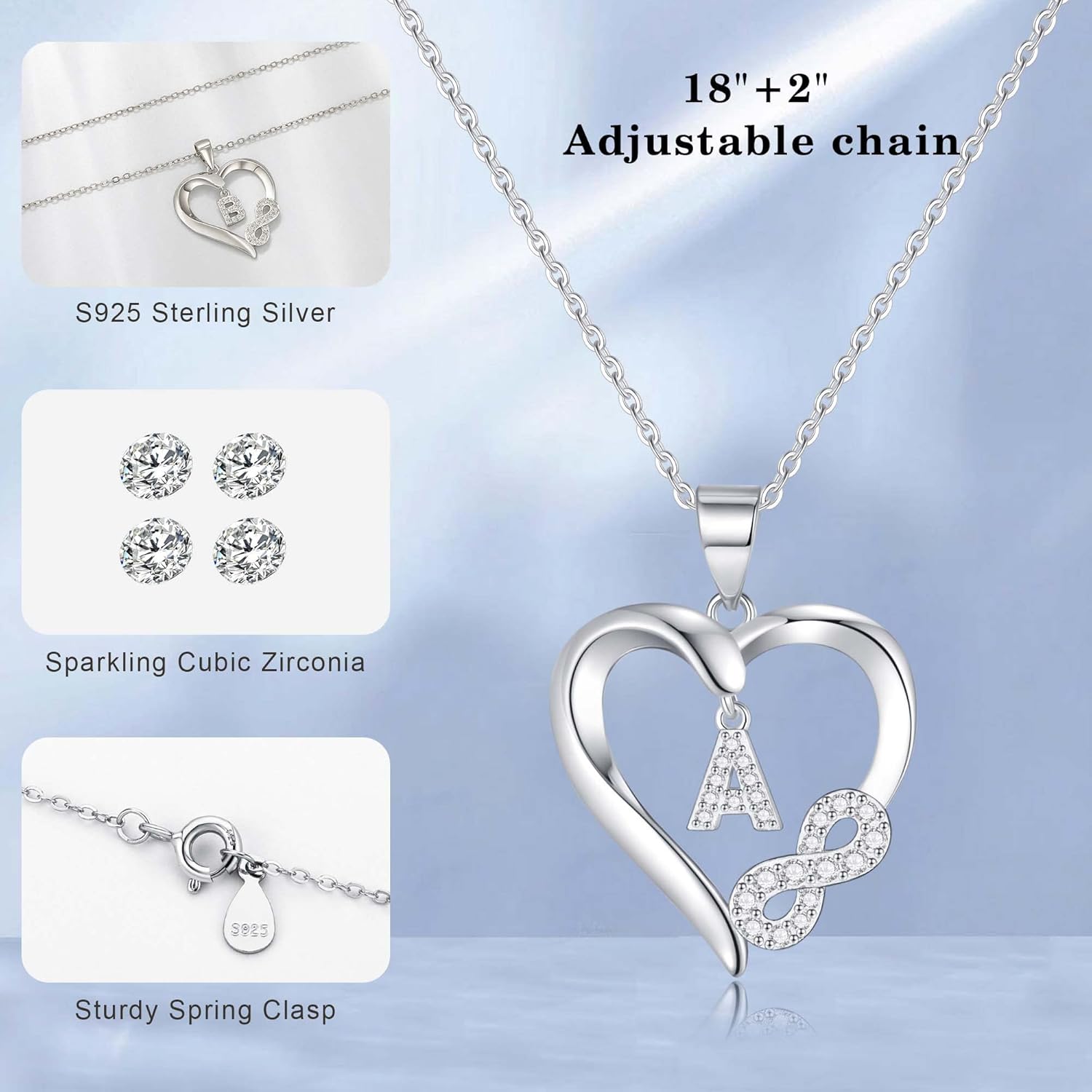 Valentine's Day Gifts for Women - Heart Initial Sterling Silver Necklace with Cubic Zirconia Heart Pendant, Elegant Jewelry Gift for Mom Wife Girlfriend, Perfect Birthday Present in Gift Box - Image 3