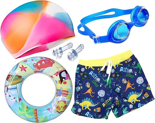 DRAUSS Boys Swimming Kit with 1 Swimming Shorts, 1 Anti Fog Swimming Goggles, 1 Silicone Swimming Cap, 2 Ear Plugs with 1 ...