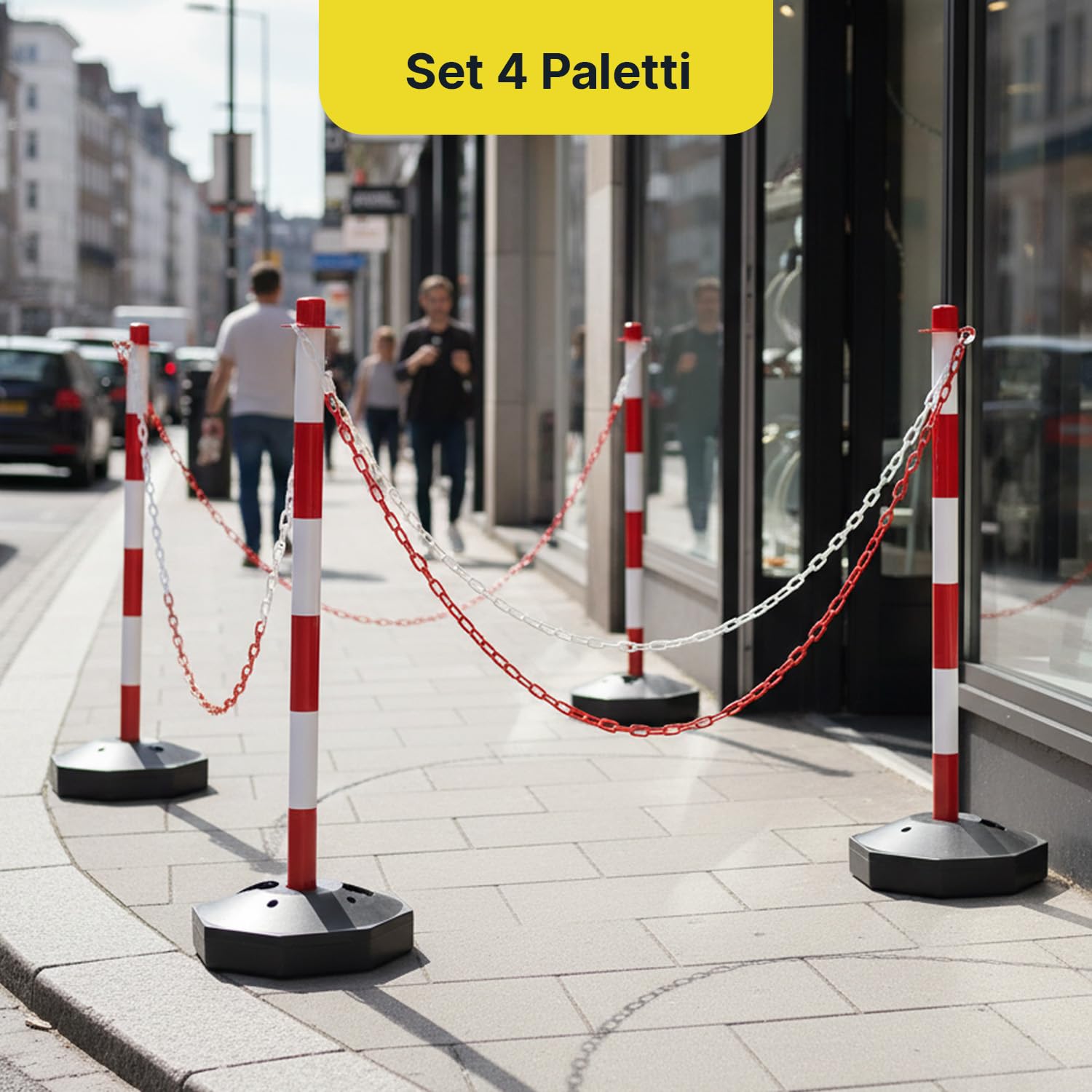 Paletti Delimitazione Set 4 con Catena 2 Metri e Base Zavorrabile 3L – Dissuasore Parcheggio PE Alta Visibilità, Paletti Parcheggio Privato, Paletti per Recinzione Interno Esterno