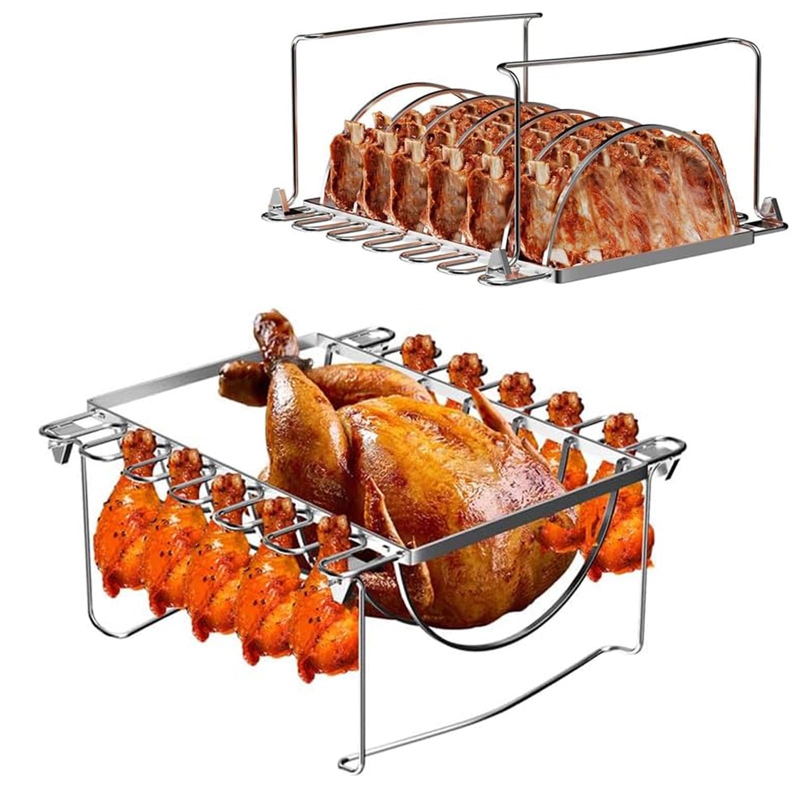 BBQ Future 3-in-1 Rib Racks & Chicken Leg Rack for Smoker Grills and Oven, Stainless Steel Foldable Turkey Roasting Drumstick Holder - Holds 1 Whole Chicken, 12 Chicken Leg Wing, 6 Large Ribs