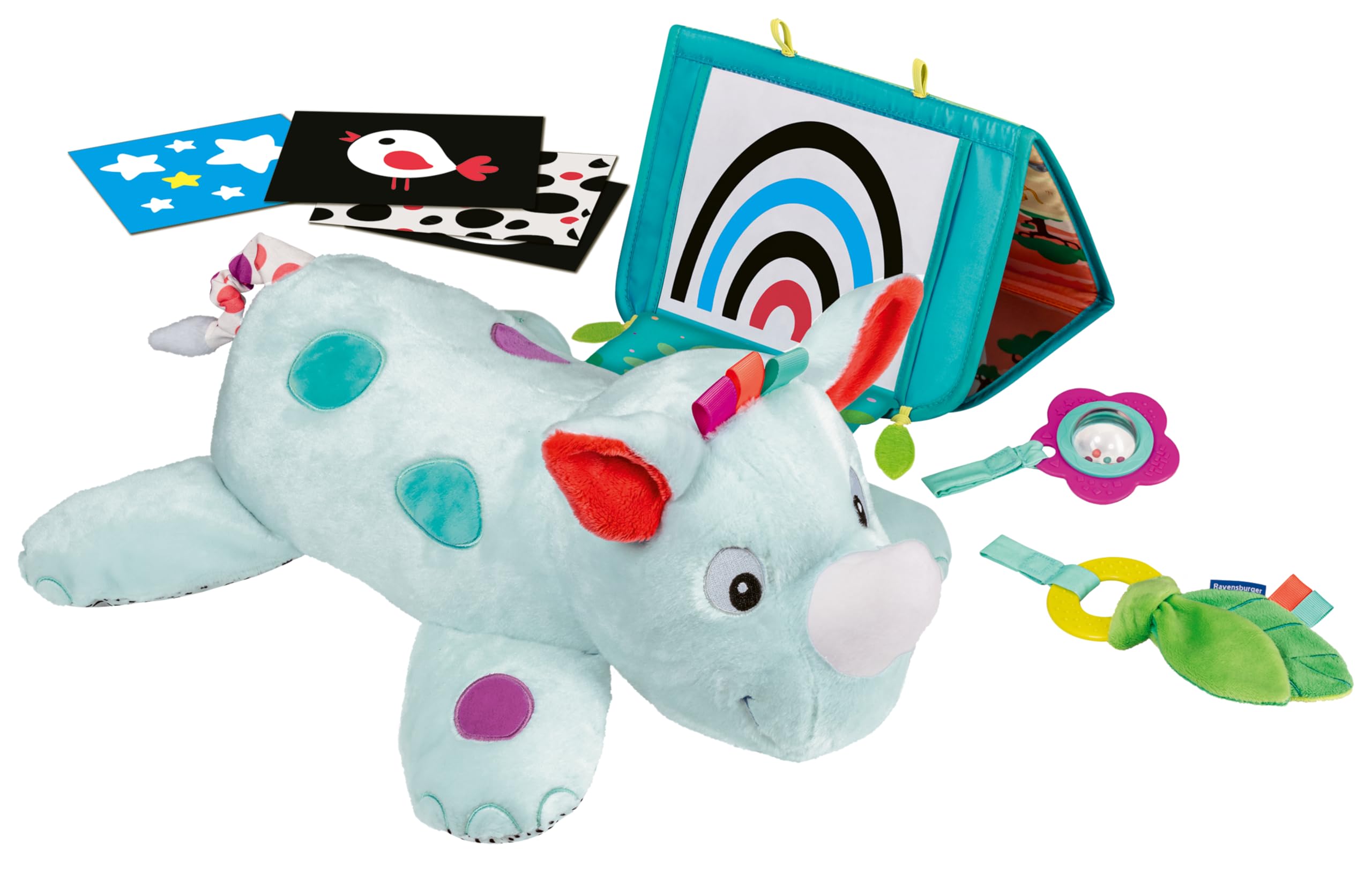 Ravensburger Play+, cuscino sportivo 3 in 1 a forma di Rhinoceros, ideale per allenare bambini da 0 a 6 mesi, giocattolo per imparare la prima infanzia e peluche per attività legate al parto, 34010