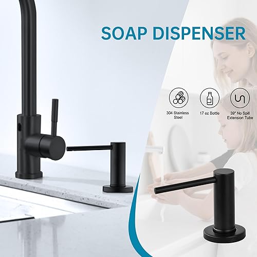 Miniatura 2 de TUTEW Dispensador de jabón integrado para fregadero de cocina, cabezal de bomba de acero inoxidable de encimera negro mate, dispensador de jabón