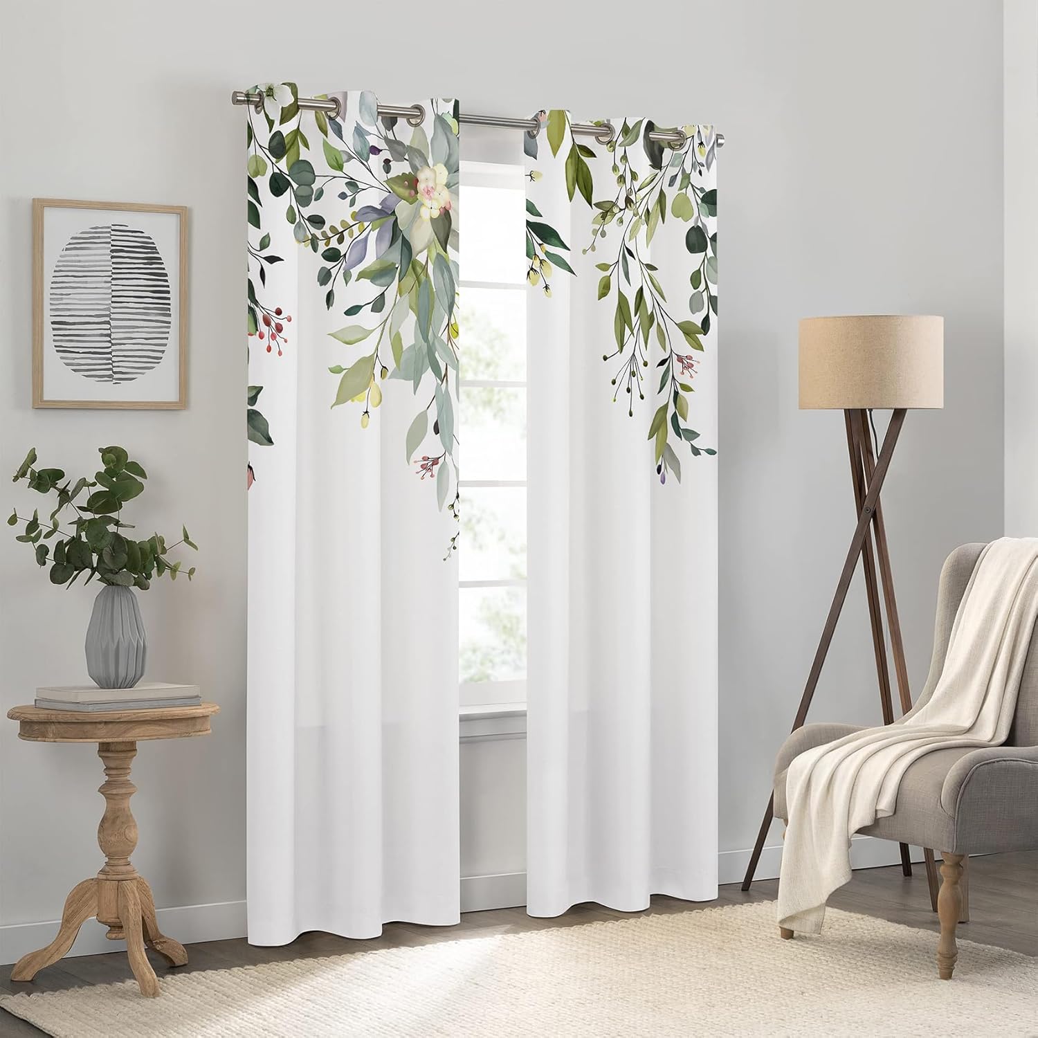Green Eucalyptus Leaf Curtains 84 Inch Length 2 Panels Set Sage Green Print Floral Curtains Noise Reducing Thermal Botanical Decor Drapes for Bedroom Living Room 42" W x 84" L