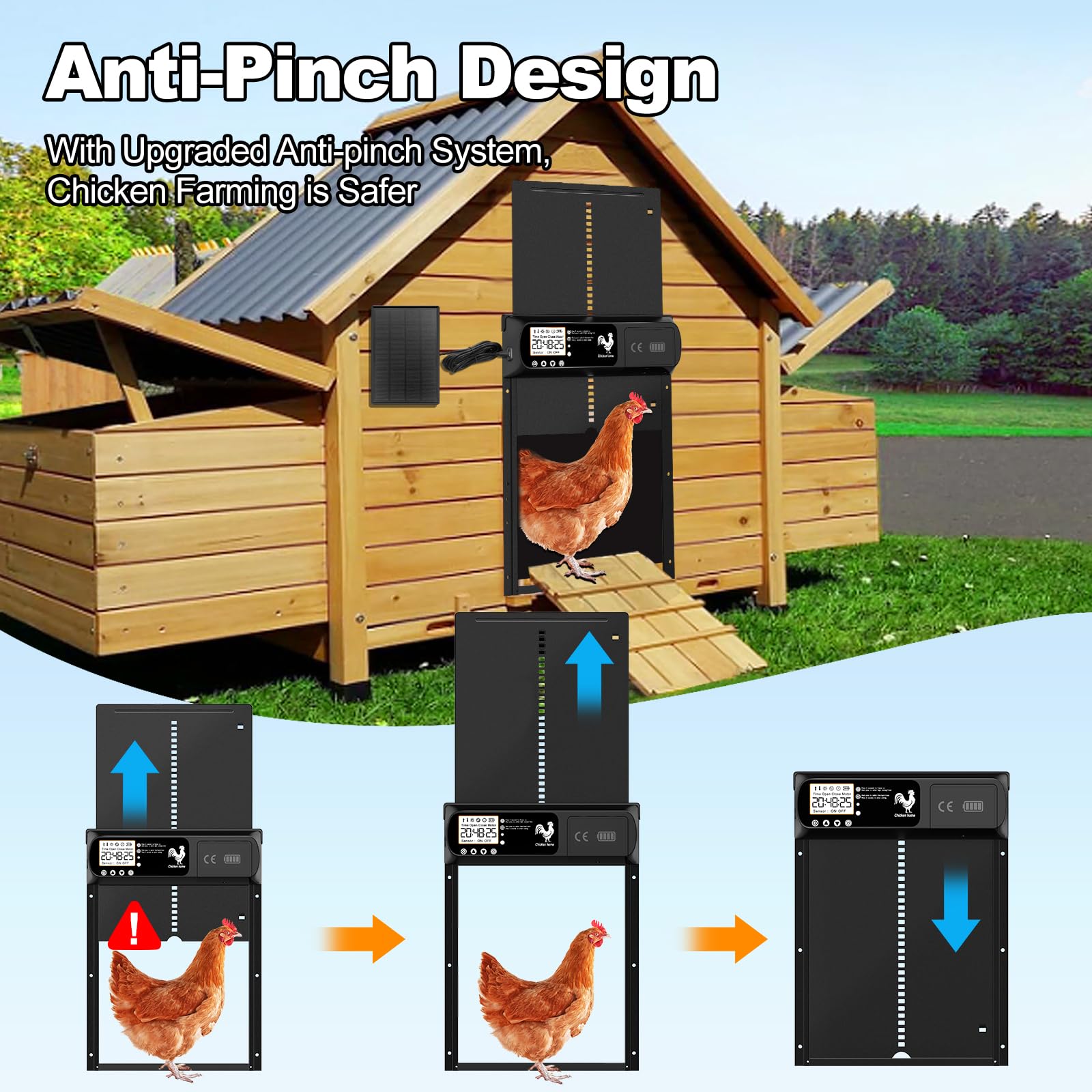 Yoarmyt 2026 Automatische Hühnerklappe Solar, Aluminum Hühnerklappe mit Timer, Lichtsensor, Manuelle, Wasserdicht LED Display, Fernbedienung, Auminum Solar Hühnertür Intelligenter Einklemmschutz
