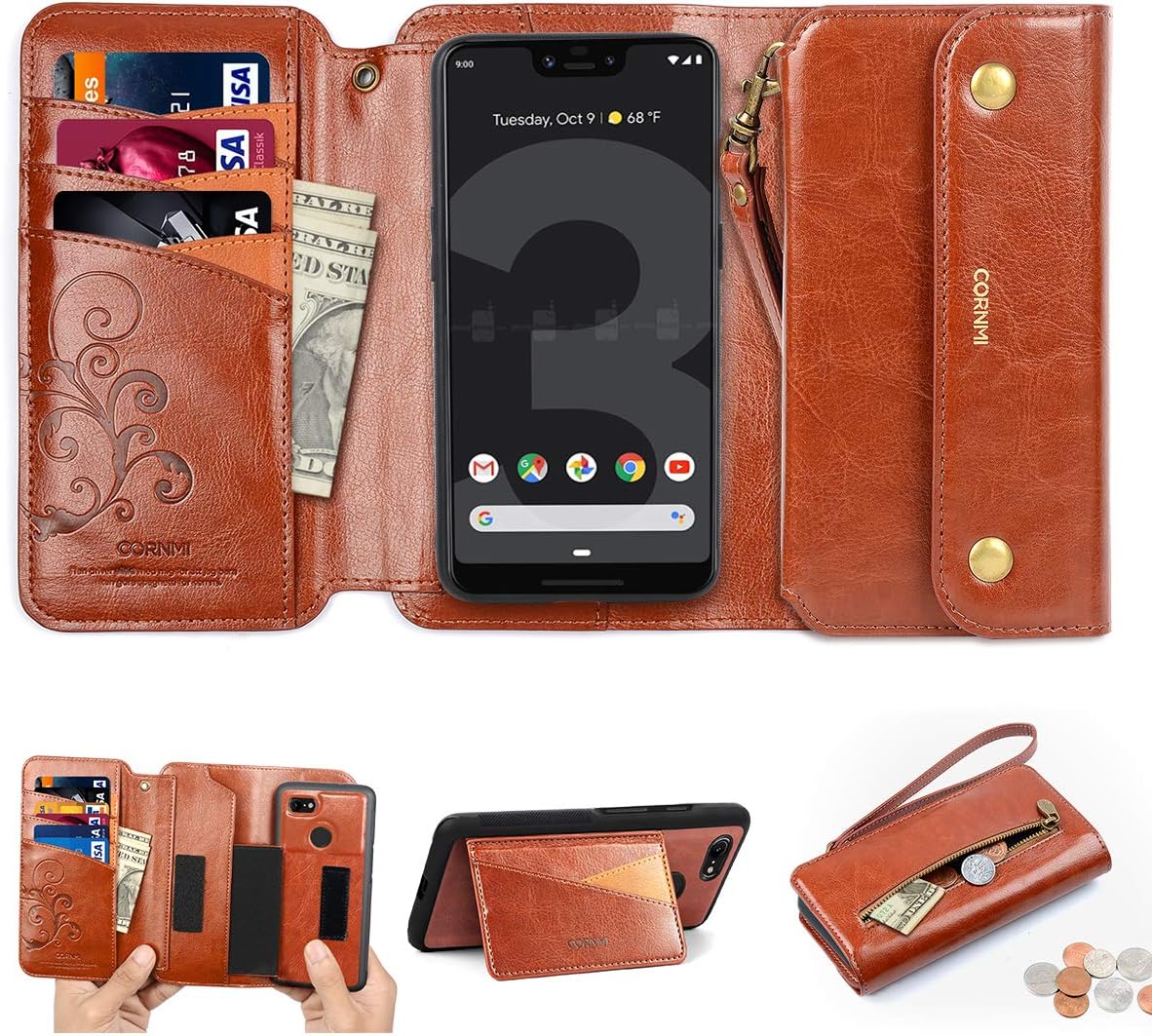 CORNMI Pixel 3XL Wallet Case, Zipper Pocket 8 Card Holders Wrist Strap Kickstand Detachable Purse Leather Folio Flip Protective Cover for 3XL 5.5'' Brown