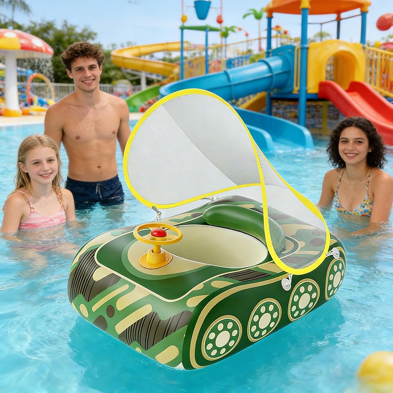 Pool Floats - with Steering Wheel Funny Tank | Inflatable Pool Floats Kids Funny Toys - for Outdoor Summer Vacation Backyard Beach Lake River Swimming Jumping Travel Play
