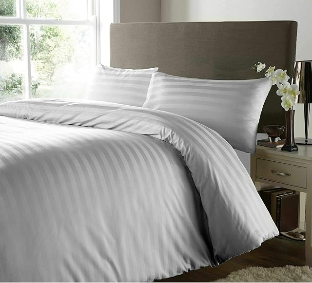 Rayyan Linen Satin Stripes Duvet Cover Set Satin 100% Egyptian Cotton 400 Thread Count Luxury Hotel Quality with Pillowcases (Grey Silver, King)