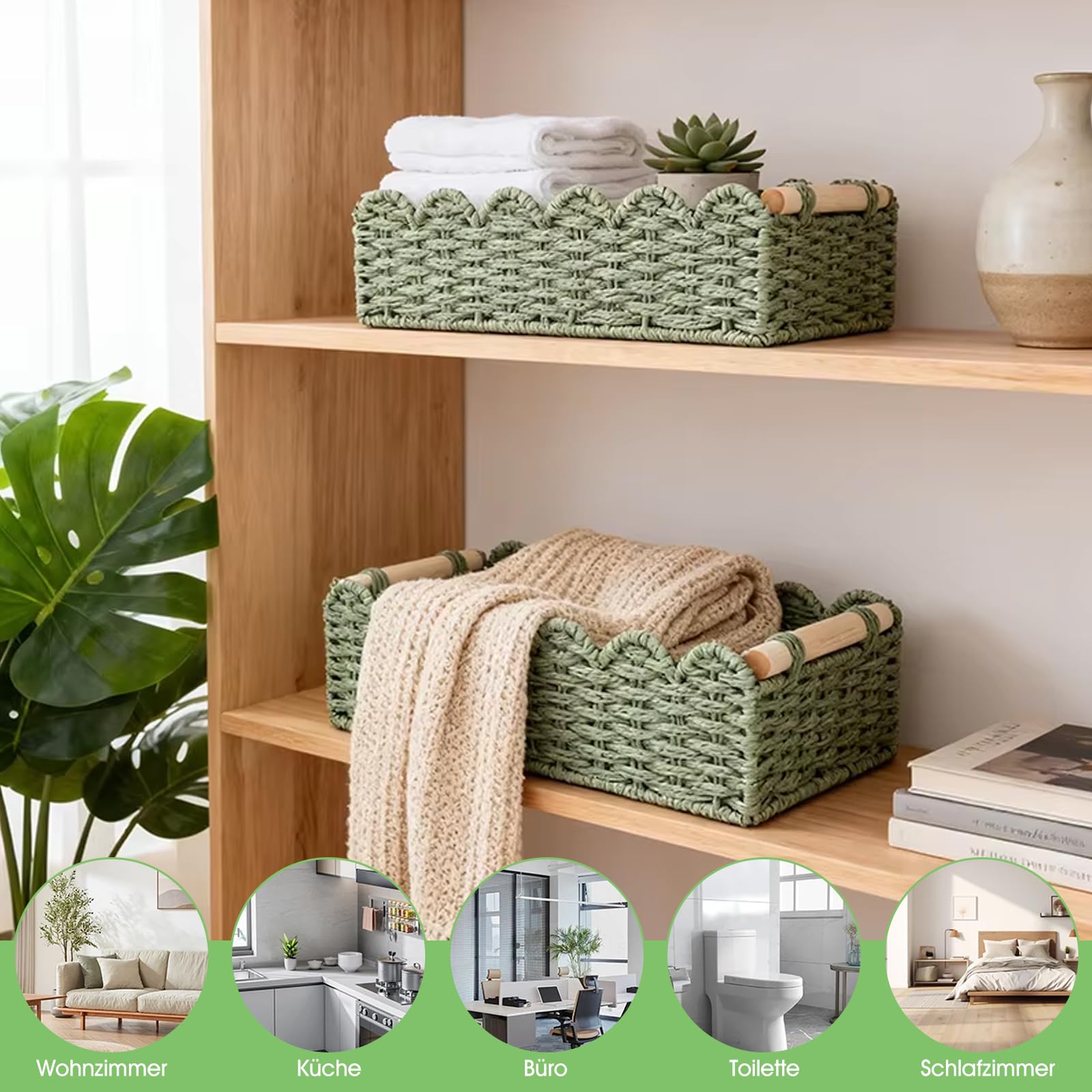 Juego de 2 cestas de almacenamiento, cestas trenzadas con asas de madera, caja tejida a mano, cestas de almacenamiento, cestas decorativas, organizadores de encimera, para cocina, dormitorio, salón