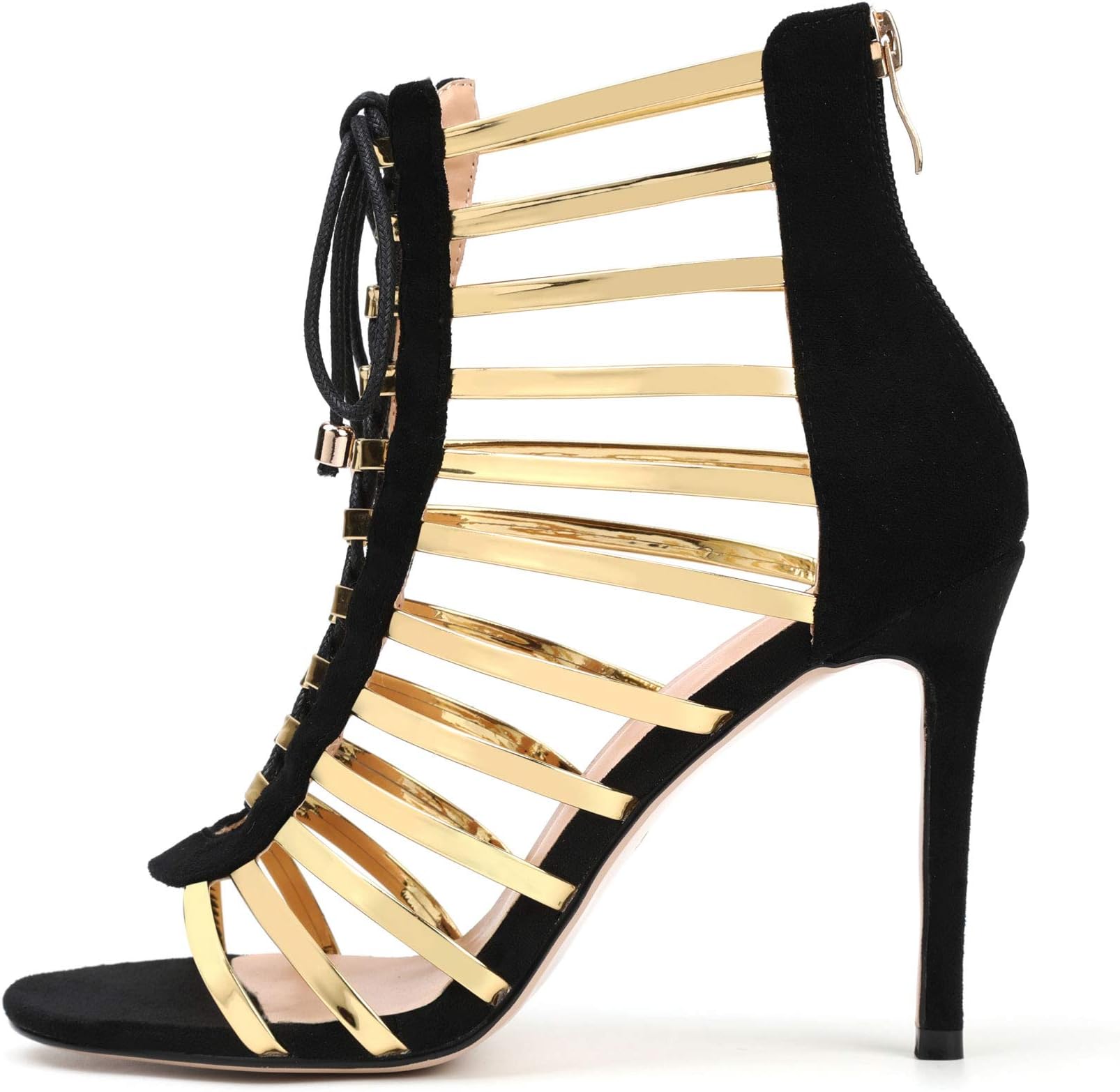 Womens Cutout Gladiator Lace Up High Heel - Open Toe Caged Stiletto Sandals Stripe Ankle Straps Strappy Dress Heeled Sandals Black Gold Size 6