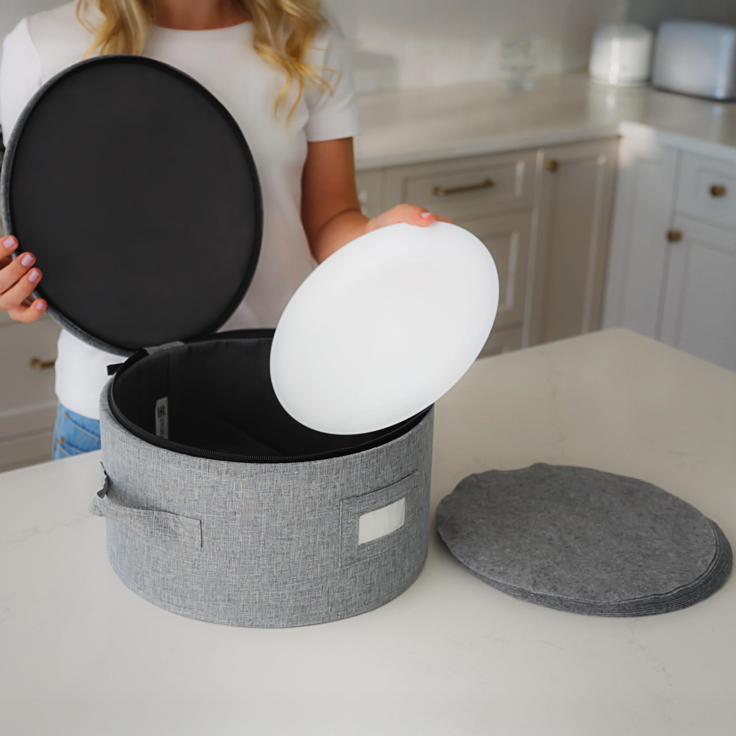 Set mit 4 Porzellan-Aufbewahrungsboxen für Geschirr, Hartschale, stapelbar, Größen: 30,5 cm – 25,4 cm – 21,6 cm und 17,8 cm B – 48 Teller-Trennwände im Lieferumfang enthalten