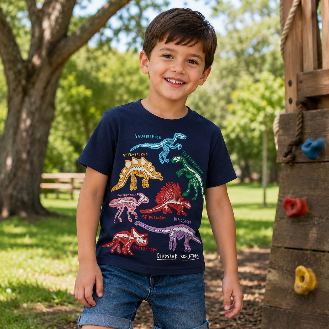 Boys Dinosaur T-Shirt Glow-in-Dark Cotton Summer Short Sleeve 2-7T
