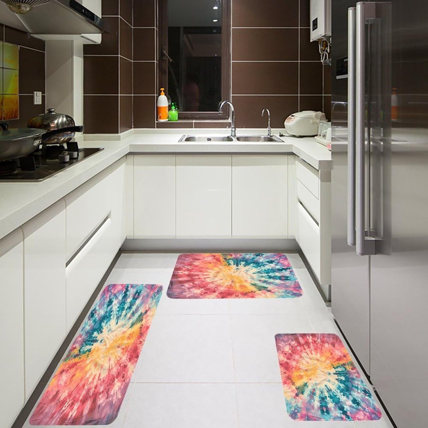 Tie Dye Kitchen Rugs Sets of 3 Washable Non Slip Kitchen Rug Water Resistant Carpet Piece Anti Fatigue Kitchen Mats Soft Comfort Standing Mat Modern Area Rug