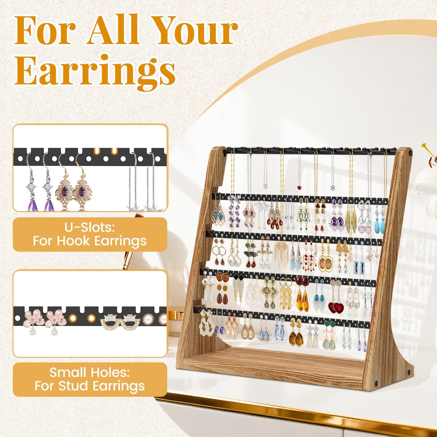 EsLuker.ly Earring Holder Organizer Necklace Display Tree, Large Capacity Jewelry Storage Rack for Women, Rustic Wood 5 Layer Stud Earring Tower Stand with 260 Holes & 20 Hooks for Vendors Selling