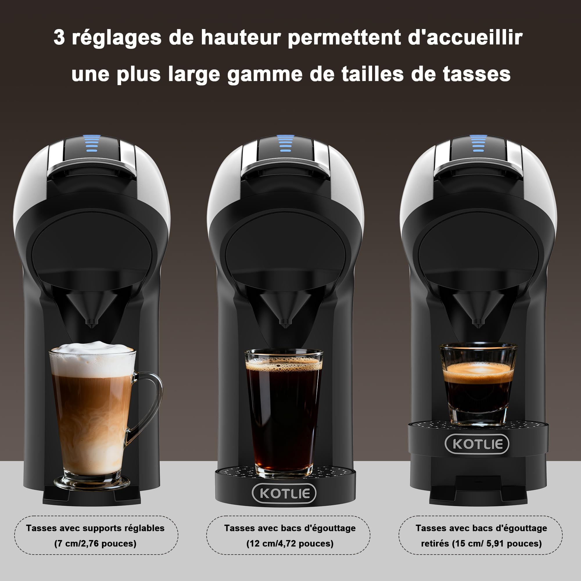 KOTLIE EM-308B Machine à café à capsules NES/DG/MIO/ESE et café moulu, réservoir d'eau de 1 litre, 3 températures d'infusion, idéale pour la cuisine, l'appartement et le bureau