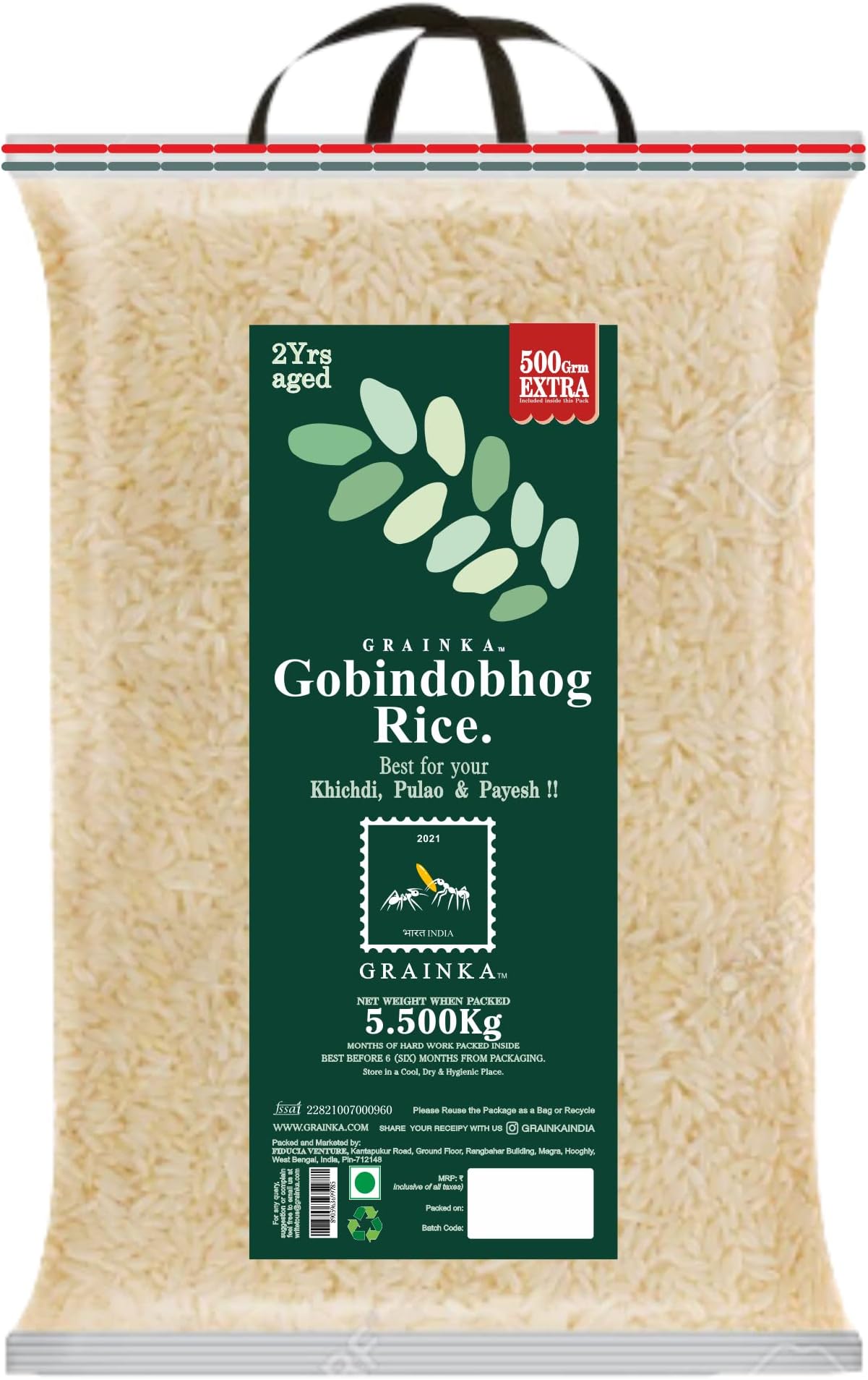 GRAINKA Gobindobhog Rice || 5.500Kg || Aged Rice || 500Grms Free Included Inside The Pack || Pure Aromatic Gobindobhog Rice