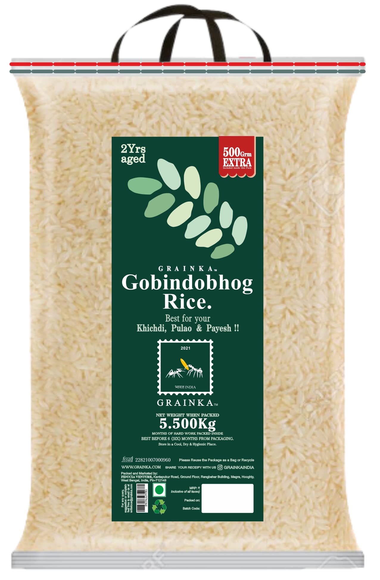 GRAINKA Gobindobhog Rice || 5.500Kg || Aged Rice || 500Grms Free Included Inside The Pack || Pure Aromatic Gobindobhog Rice