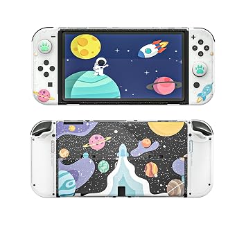 Switch OLED Clear Glitter Case with Screen Protector & Cute Thumb Grips Dockable Slim Protective Cover Hard PC Back Soft TPU Bumper Shockproof Anti-Scratch Space Aesthetic